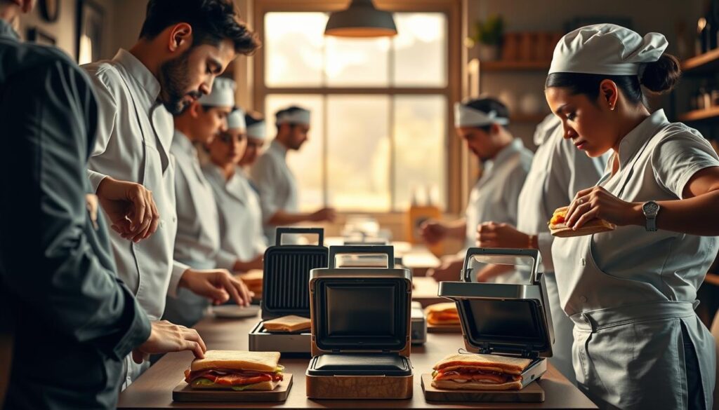 A group of professional sandwich makers wearing crisp uniforms and wielding expertly-crafted SanduicheiraCerta machines. The scene is bathed in warm, natural light, capturing the seamless choreography as they assemble delectable sandwiches with precision and care. In the middle ground, a showcase of classic and modern sandwich press designs highlight the evolution of this beloved kitchen appliance. The background softly fades into a cozy, inviting cafe setting, conveying the comforting atmosphere of a morning breakfast routine.
