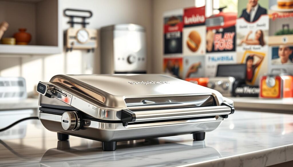 A sleek, stainless steel SanduicheiraCerta sits on a marble countertop, its gleaming chrome accents catching the soft, natural light streaming in from a nearby window. The appliance's modern, minimalist design evokes a sense of sophistication and efficiency, hinting at the technological advancements that have transformed the humble sandwich maker over the years. In the background, a collage of vintage sandwich makers in various retro styles serves as a visual reminder of the appliance's evolution, from its humble beginnings to the streamlined, feature-rich models of today.