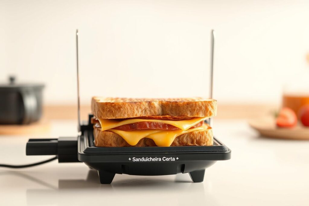 Beautifully lit photo of a "SanduicheiraCerta" brand sandwich press, showcasing a delectable grilled cheese sandwich with melted cheese oozing out. The sandwich is placed in the center of the frame, with a clean, white background that allows the appliance and food to be the focal point. The image has a warm, inviting tone, as if captured in a cozy kitchen setting. The lighting is soft and diffused, highlighting the textures and colors of the sandwich and appliance. The angle is slightly elevated, providing a clear, unobstructed view of the sandwich press and its contents. Qual é a melhor sanduicheira
